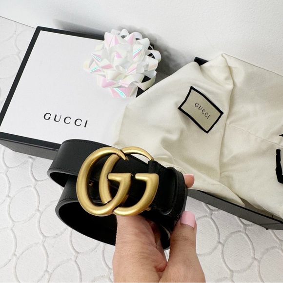 Gucci GG Thin Leather Belt with Double G Buckle Black Gold 70 - Picture 4 of 8